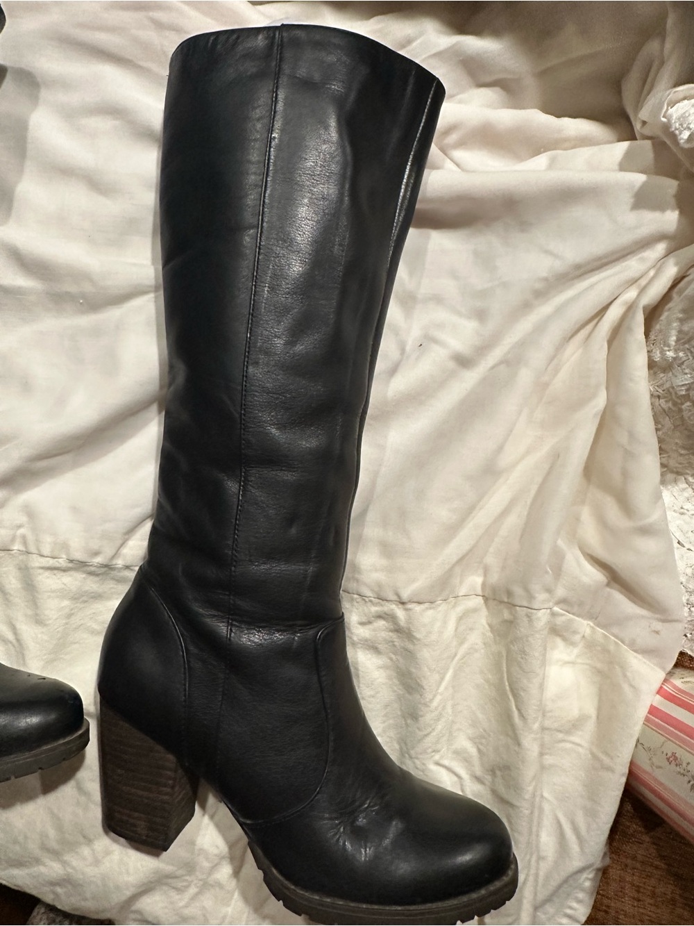 Clarks Black Leather Knee-High Block-Heel Boots